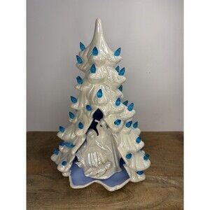 Vintage Iridescent White Ceramic Open Nativity Christmas Tree Blue Bulbs 9.75”